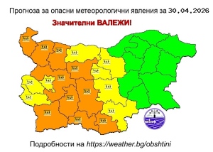 Предупреждение за интензивни валежи на 30 април във Великотърновска област