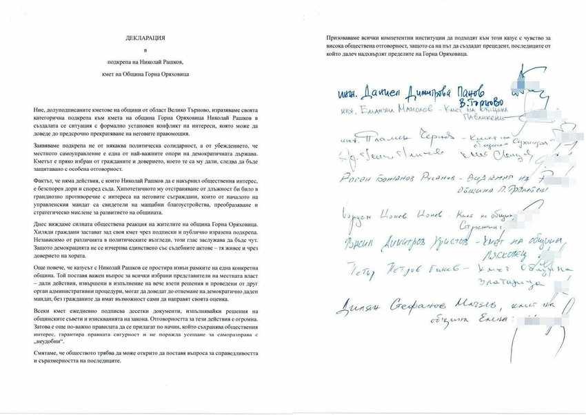 Кметовете на всички общини от област Велико Търново с обща декларация в подкрепа на горнооряховския си колега Николай Рашков