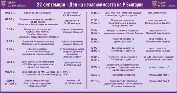 Празнична програма за 22 септември във Велико Търново